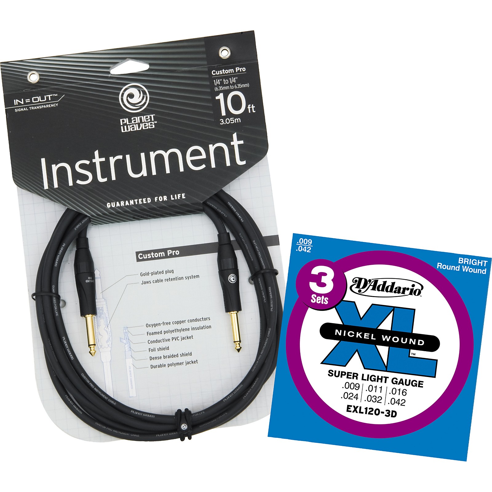 D'Addario Waves 10' Custom Pro Instrument Cable with Free EXL1203D Strings Musician's