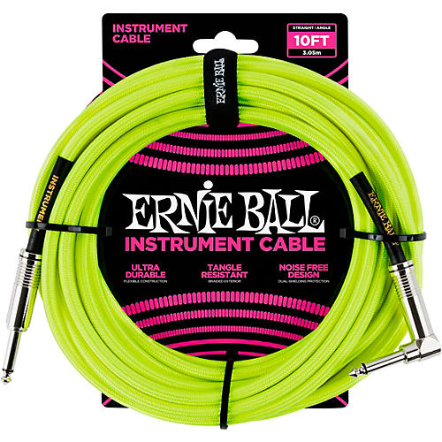 Ernie Ball 10' Straight to Angle Braided Instrument Cable Neon Green