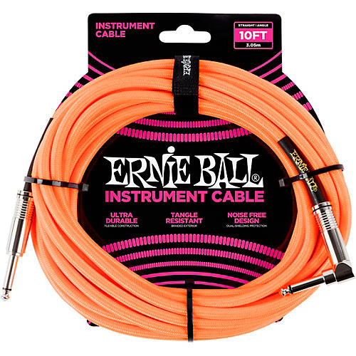 Ernie Ball 10' Straight to Angle Braided Instrument Cable Neon Orange