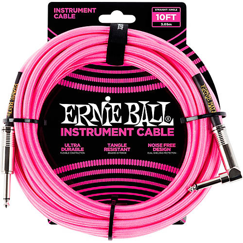 Ernie Ball 10' Straight to Angle Braided Instrument Cable Neon Pink
