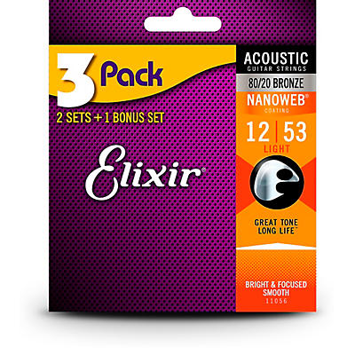Elixir 11056 Nanoweb Phosphor Bronze Acoustic Guitar Strings 3-Pack