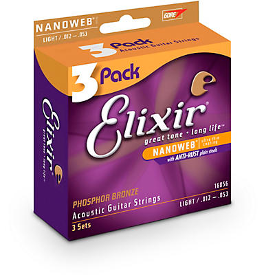 Elixir 16056 Nanoweb Phosphor Bronze Acoustic Guitar Strings 3-Pack - Light (12-53)