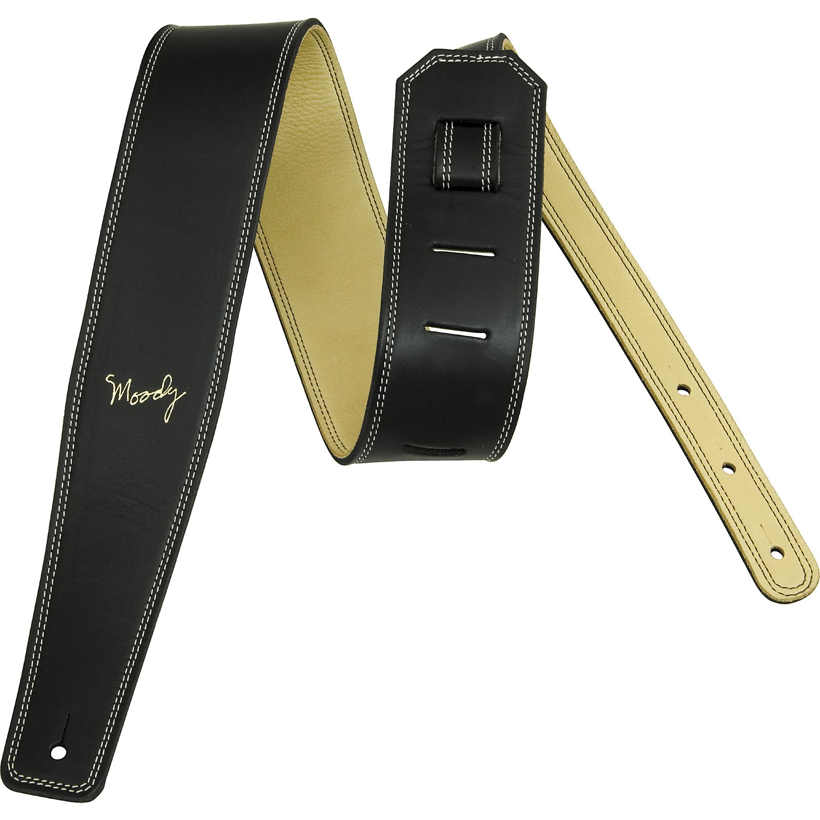 Moody 2.5" Black Italian Leather Luxury Guitar Strap With Cream Back