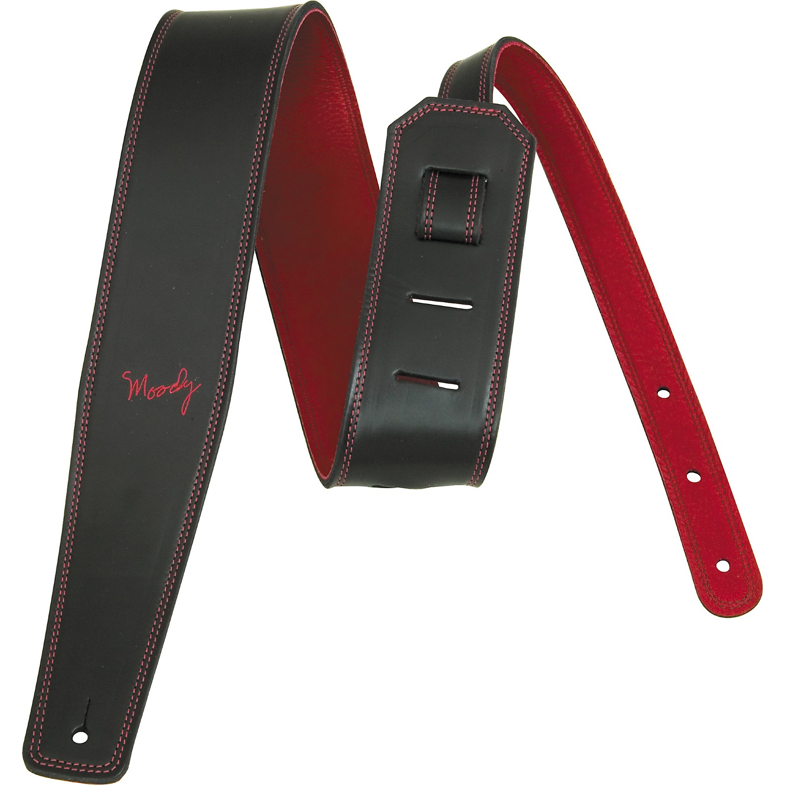 Moody 2.5" Luxury Black Leather Guitar Strap with Red Leather Back