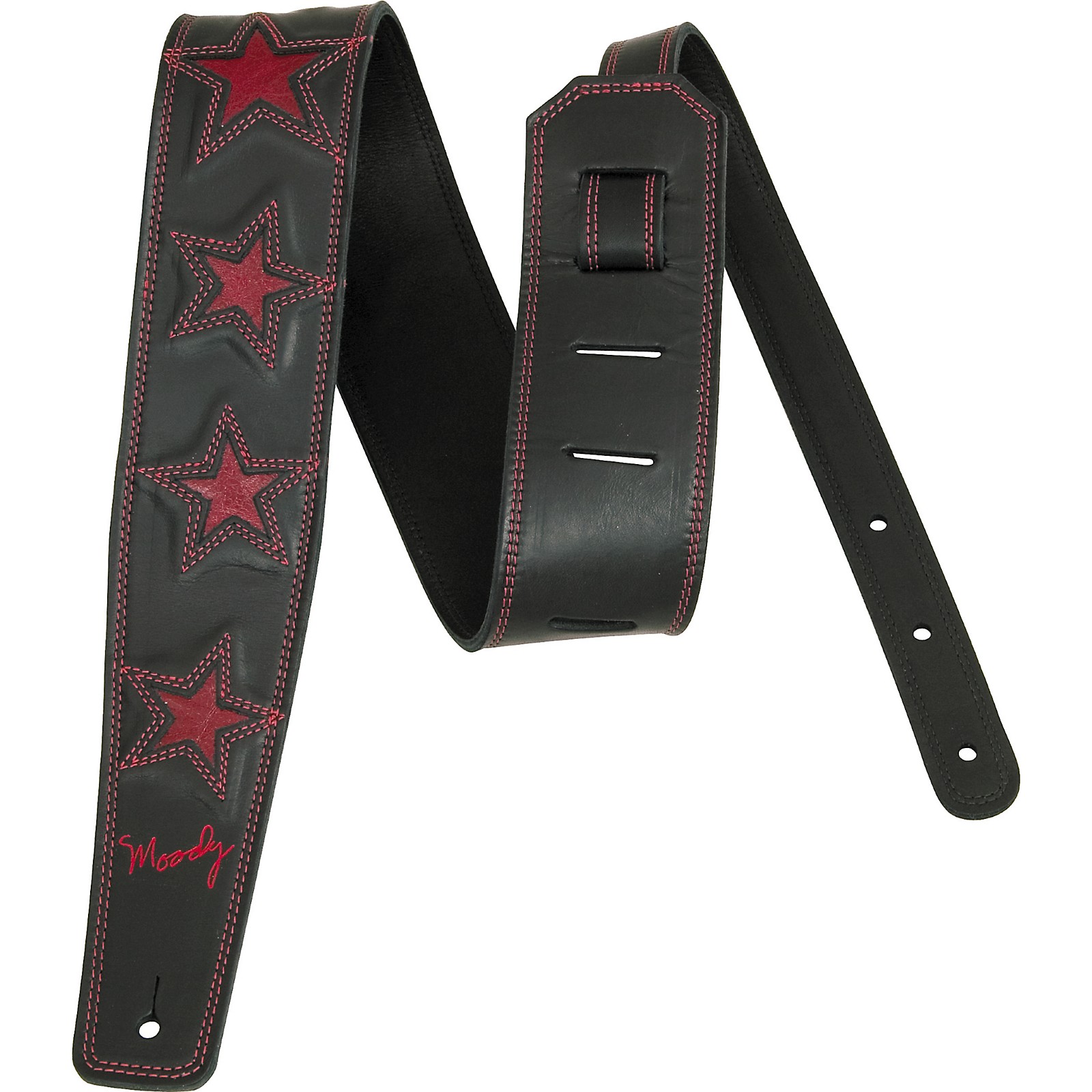 Moody 2.5" Luxury Black Leather Guitar Strap with Six Red Stars