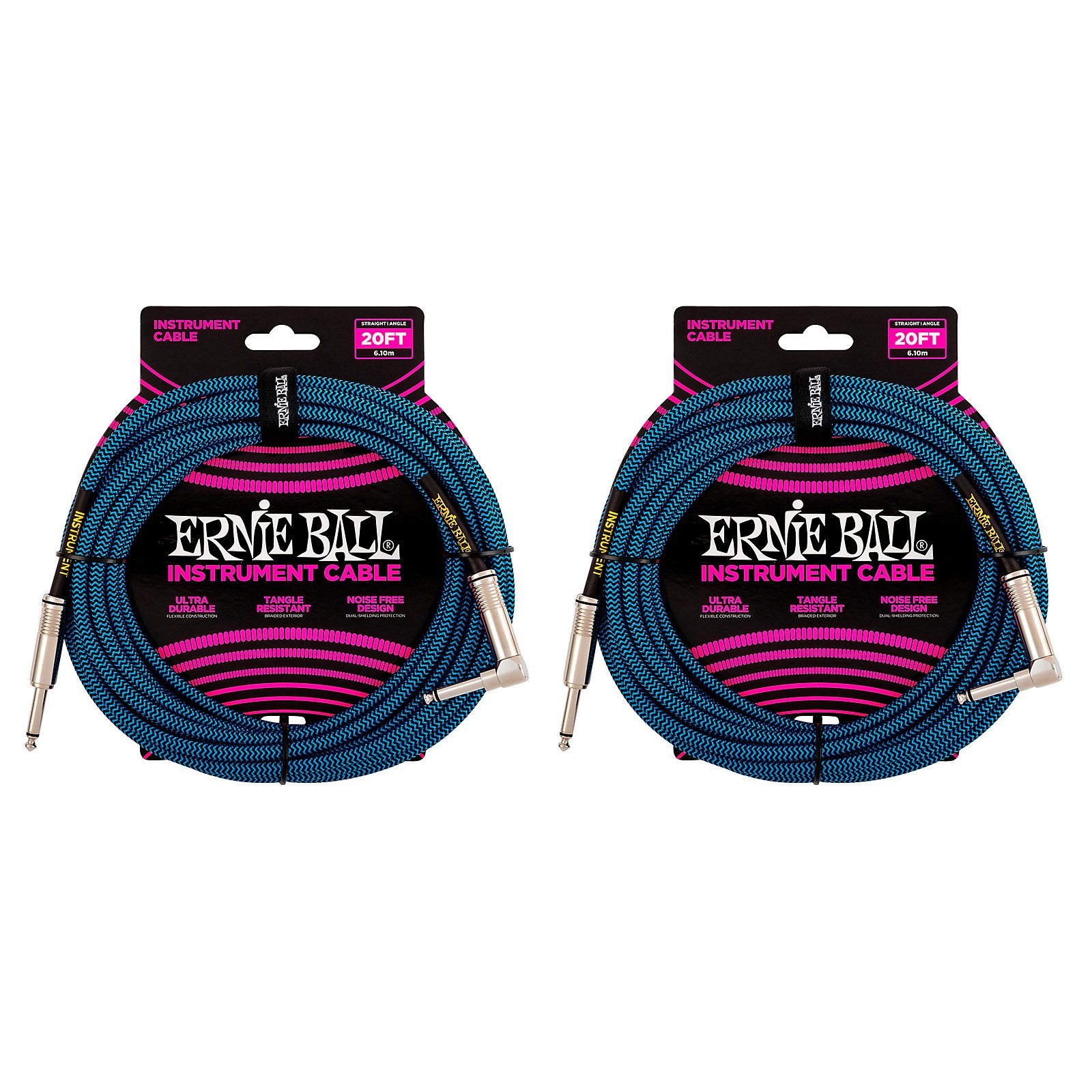 Ernie Ball 20 Ft. Braided Straight Angle Instrument Cable 2Pack