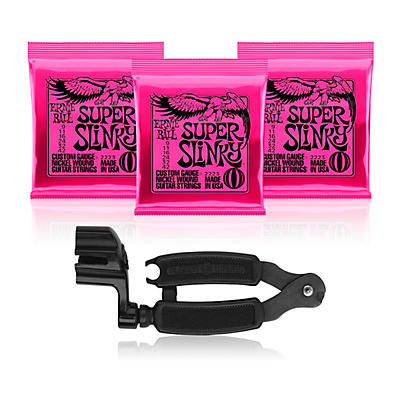 Ernie Ball 2223 Super Slinky Custom Electric Guitar Strings 3 Pack with Pro-Winder String Cutter/Winder