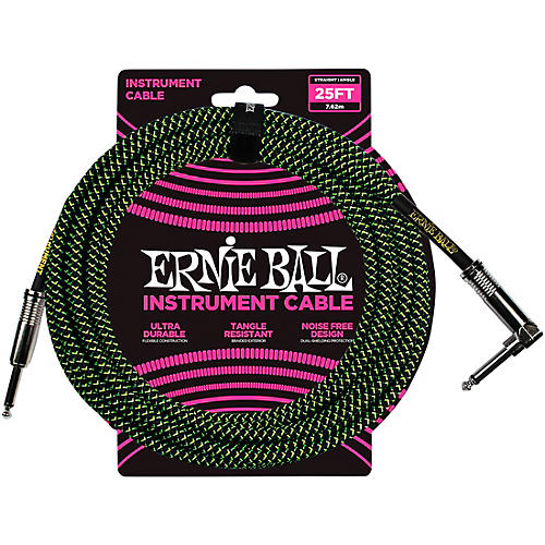 Ernie Ball 25 FT Straight to Angle Instrument Cable Black and Green