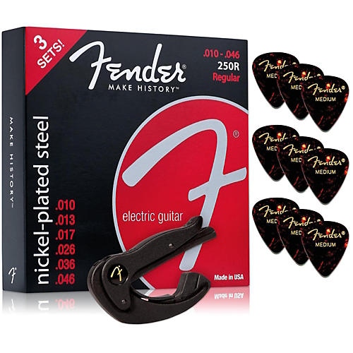 Fender 250L Super Electric Guitar Strings 3-Pack Smart Capo and 12-Pack Tortoiseshell Picks Package