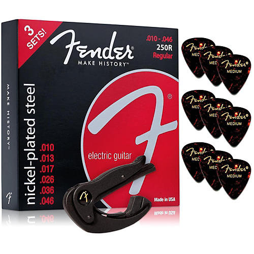 250L Super Electric Guitar Strings 3-Pack Smart Capo and 12-Pack Tortoiseshell Picks Package