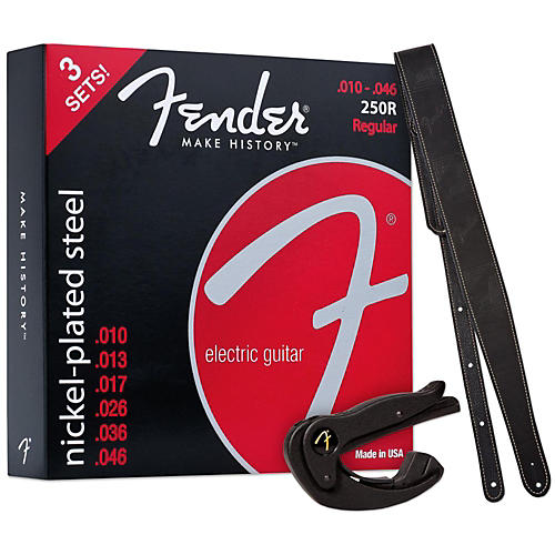 250L Super Electric Guitar Strings 3-Pack, Smart Capo and Black Leather Strap Package