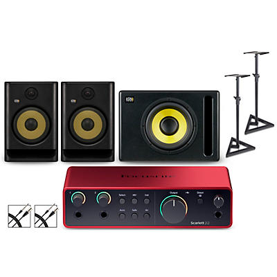 Focusrite 2i2 Gen4 with KRK ROKIT G5 Studio Monitor Pair & S10 Subwoofer (Stands & Cables Included)