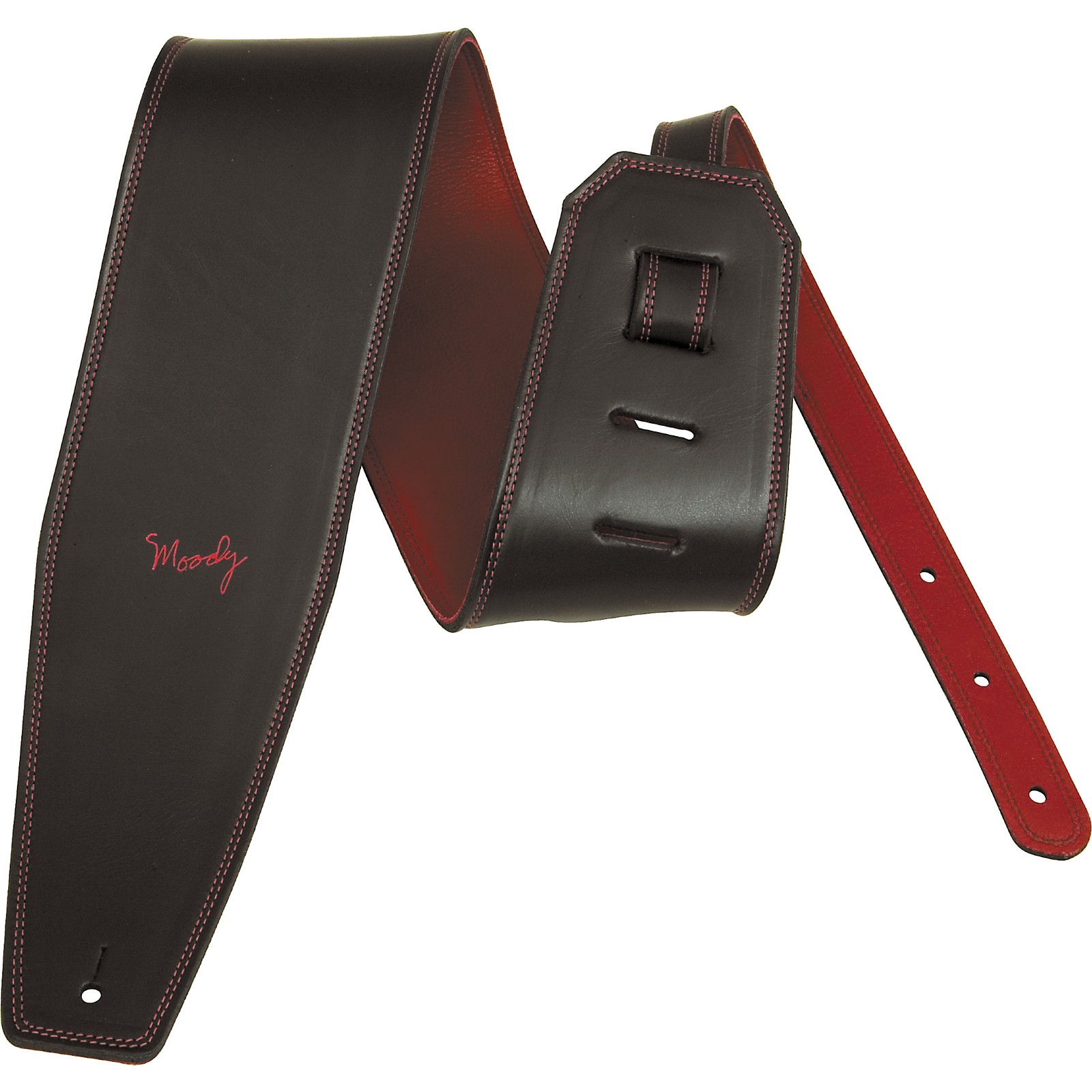 Moody 4" Black Italian Leather Luxury Guitar Strap With Red Back