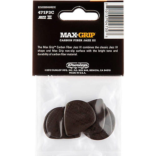 Dunlop Max Grip Jazz III Carbon Fiber Guitar Picks - 6 Pack