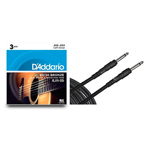 D'Addario 80/20 Acoustic Strings with 10' Instument Cable Light (12-53)