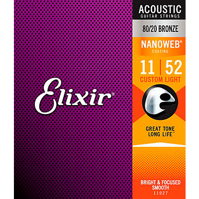 Elixir 80/20 Bronze Acoustic Guitar Strings With NANOWEB Coating, Custom Light (.011-.052)