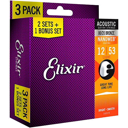 Elixir 80/20 Bronze Acoustic Guitar Strings With NANOWEB Coating, Light (12-53) 3-Pack