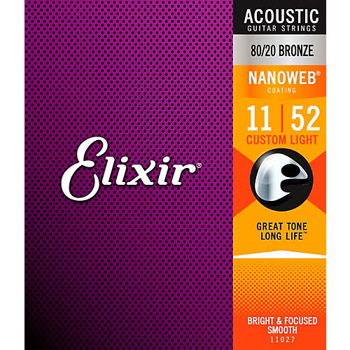 Elixir 80/20 Bronze Acoustic Guitar Strings with NANOWEB Coating, Custom Light (.011-.052)