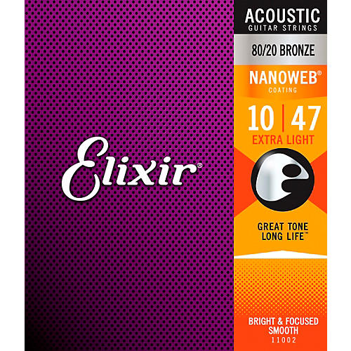 Elixir 80/20 Bronze Acoustic Guitar Strings with NANOWEB Coating, Extra Light (.010-.047)