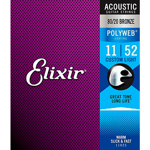 Elixir 80/20 Bronze Acoustic Guitar Strings with POLYWEB Coating, Custom Light (.011-.052)