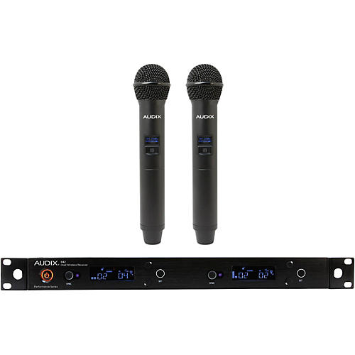 Audix AP42 OM2 Dual Handheld Wireless Microphone System with R42 Two Channel Diversity Receiver and Two H60/OM2 Handheld Transmitters Band A