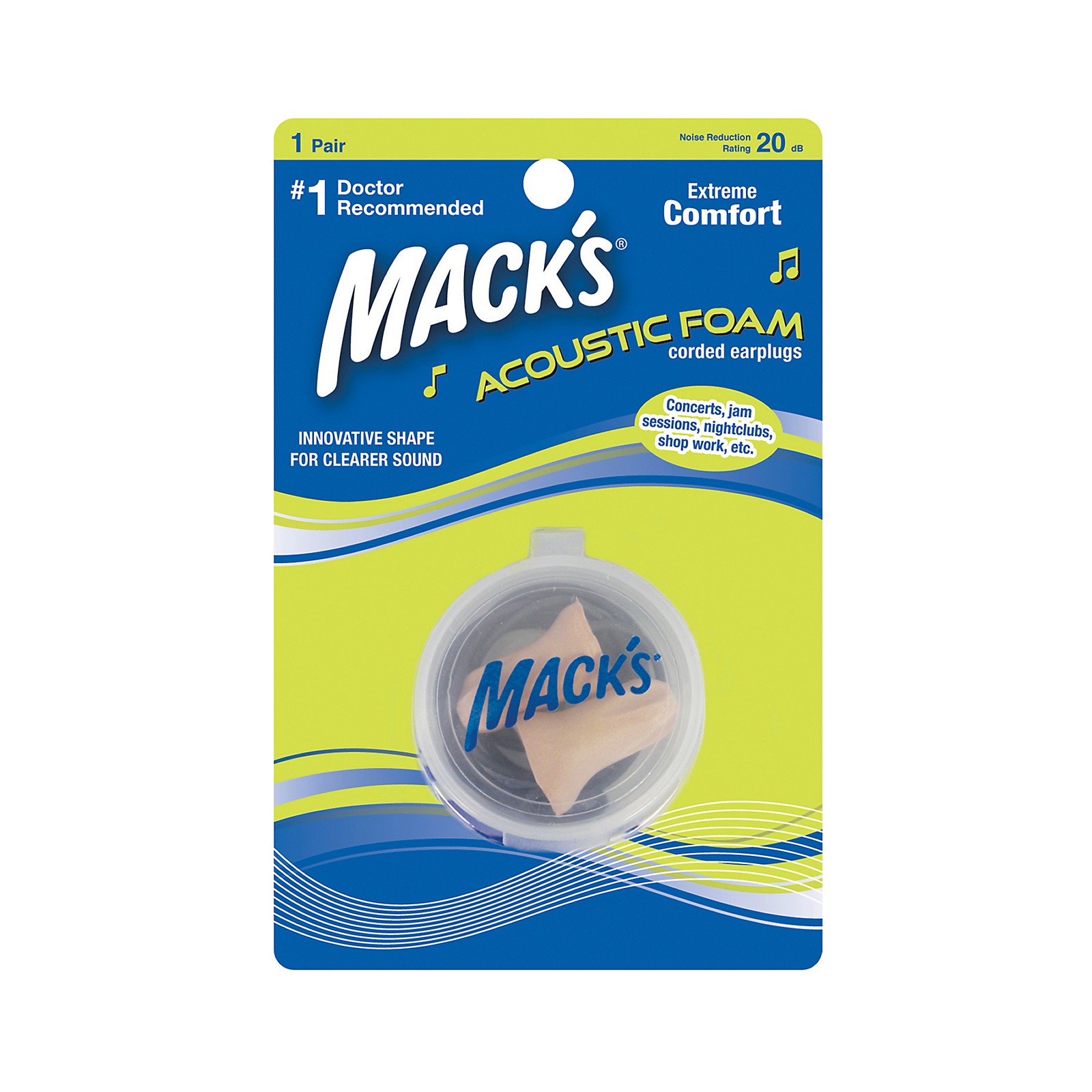 Mack's Acoustic Foam Ear Plugs Corded 1 Pair Blister Pack Musician