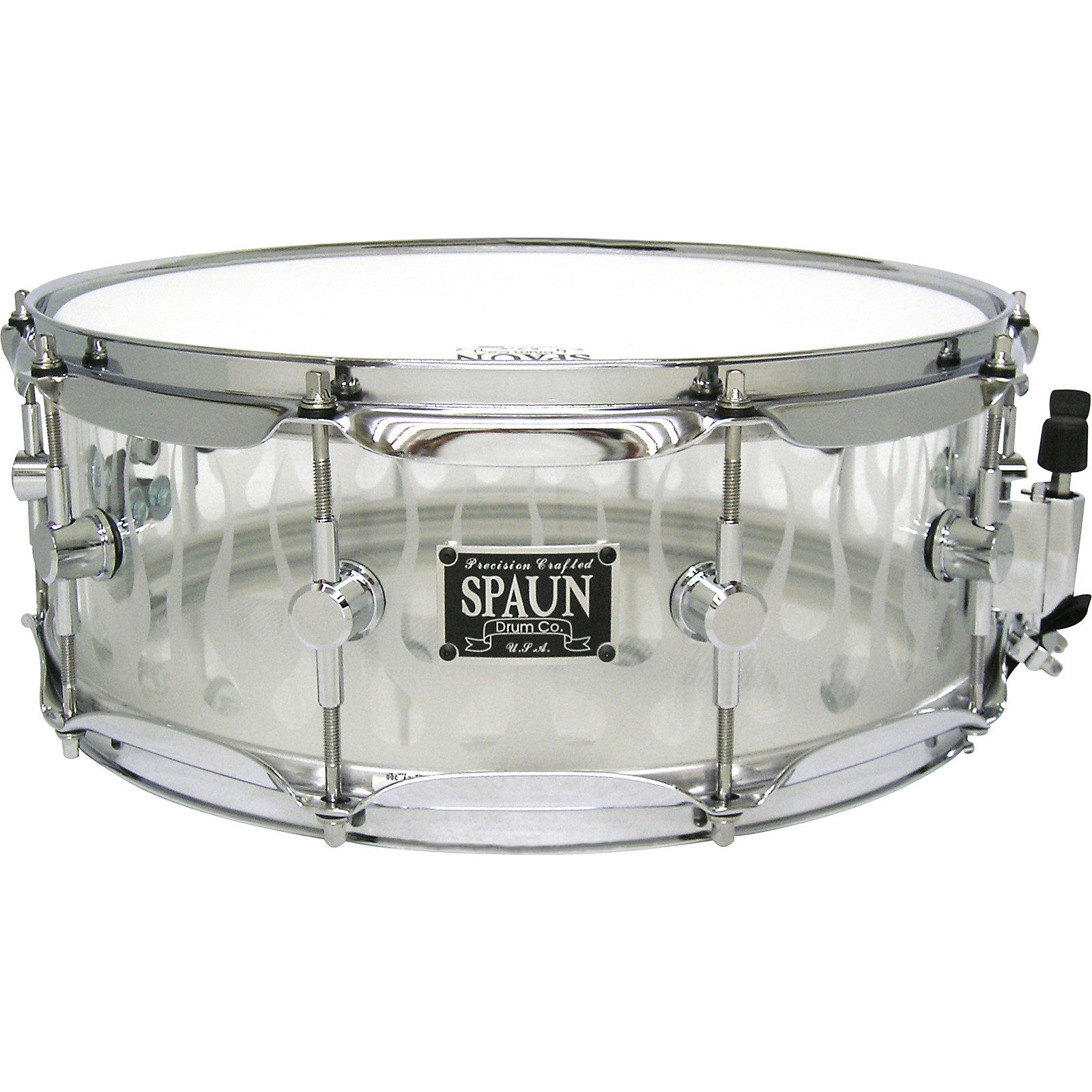 Spaun Acrylic Clear Snare Drum with Sandblasted Flames and Chrome