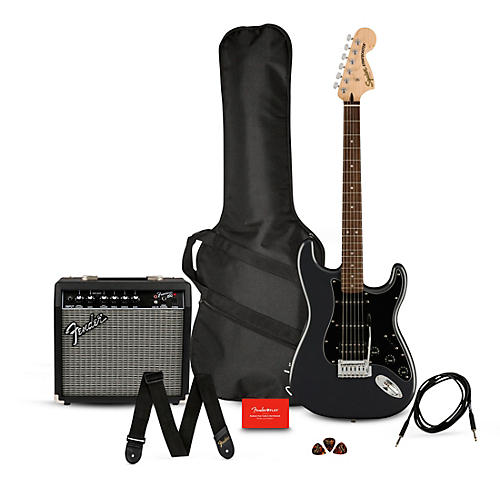 Squier Affinity Series Stratocaster HSS Electric Guitar Pack with Fender Frontman 15G Amp Charcoal Frost Metallic