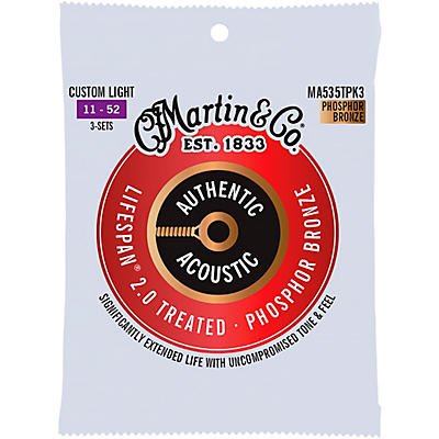 Martin Authentic Acoustic Lifespan 2.0 Custom Light Phosphor Bronze Guitar Strings 3-Pack