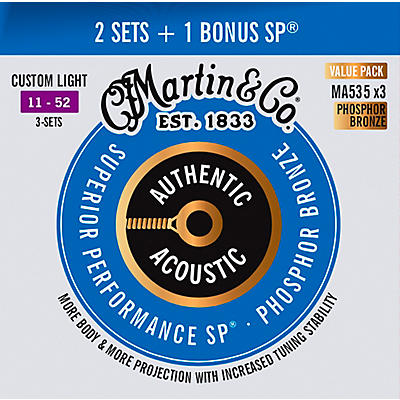 Martin Authentic Acoustic SP Guitar Strings, Custom Light (MA535) Value 3-Pack (11-52)
