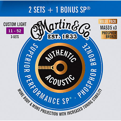 Authentic Acoustic SP Guitar Strings, Custom Light (MA535) Value 3-Pack (11-52)