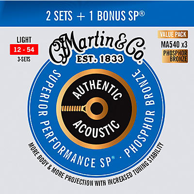 Martin Authentic Acoustic SP Guitar Strings, Light (MA540) Value 3-Pack (12-54)