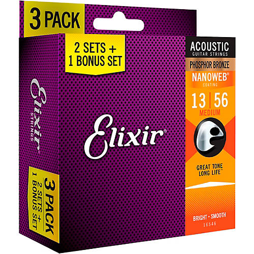 Elixir BONUS PACK! NANOWEB Phosphor Bronze Medium Acoustic Guitar Strings 3-Pack