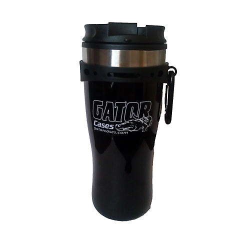 Black Travel Mug with Black and White Gator Cases Logo