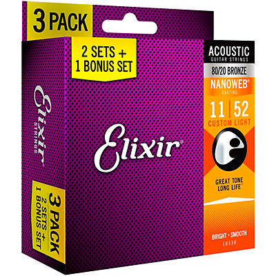 Elixir Bonus Pack Elixir Strings 80/20 Bronze Acoustic Guitar Strings with NANOWEB Coating, Custom Light (.011-.052)