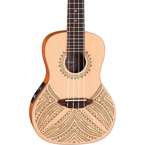 Luna Guitars Concert Solid Spruce Top Tapa Design Acoustic Electric Ukulele Natural