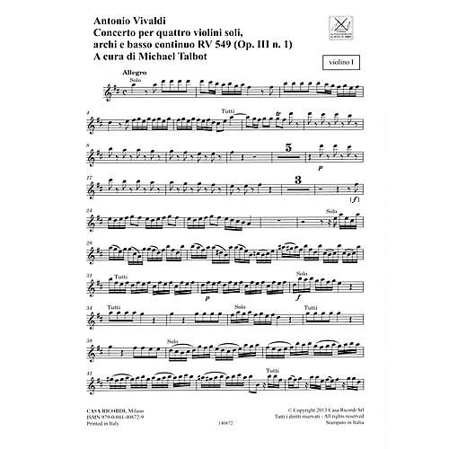 Ricordi Concerto D Major 4 Violins Strings Continuo Rv549 (op. 3, No. 1) Parts String Orchestra by Vivaldi