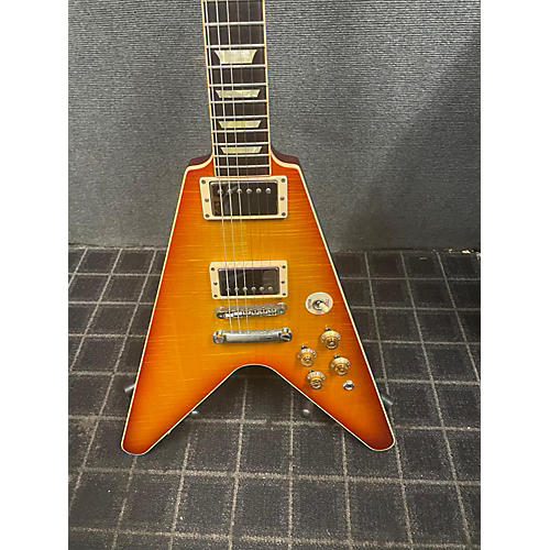 Gibson Cst Shp Flying V Flame Top Solid Body Electric Guitar Honey Burst flame