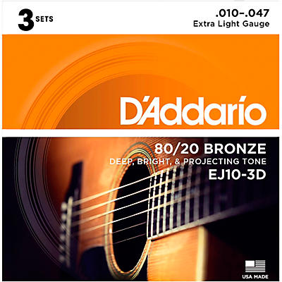 D'Addario EJ10-3D 80/20 Bronze Extra Light Acoustic Guitar Strings - 3 Sets