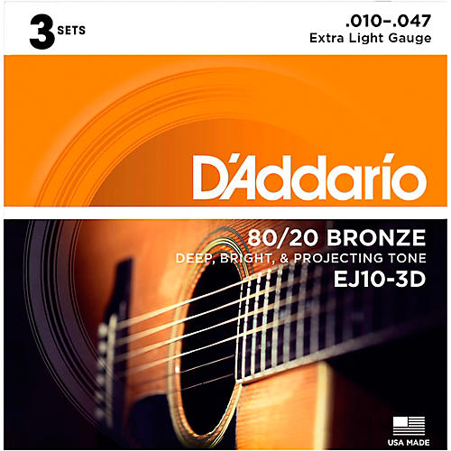 D'Addario EJ10-3D 80/20 Bronze Extra Light Acoustic Guitar Strings - 3 Sets 10 - 47