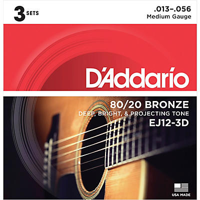 D'Addario EJ12-3D 80/20 Bronze Medium Acoustic Guitar Strings 3-Pack