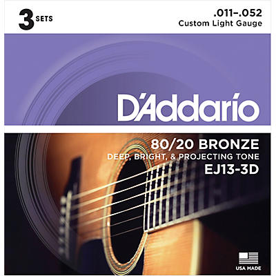 D'Addario EJ13-3D 80/20 Bronze Custom Light Acoustic Guitar Strings 3-Pack