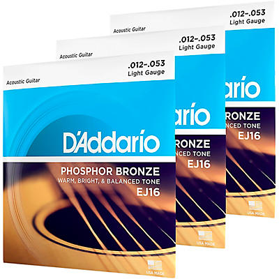 D'Addario EJ16-3D Phosphor Bronze Acoustic Guitar Strings 3-Pack - Light (12-53)