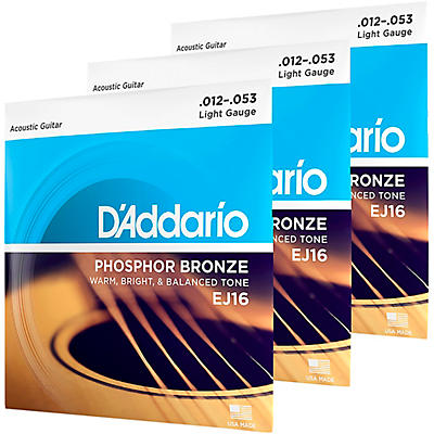 D'Addario EJ16-3D Phosphor Bronze Light Acoustic Guitar Strings 3-Pack