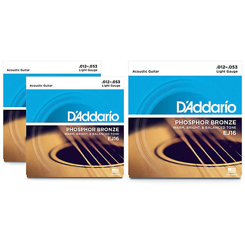 D'Addario EJ16 Phosphor Bronze Light Acoustic Guitar Strings 3 Pack