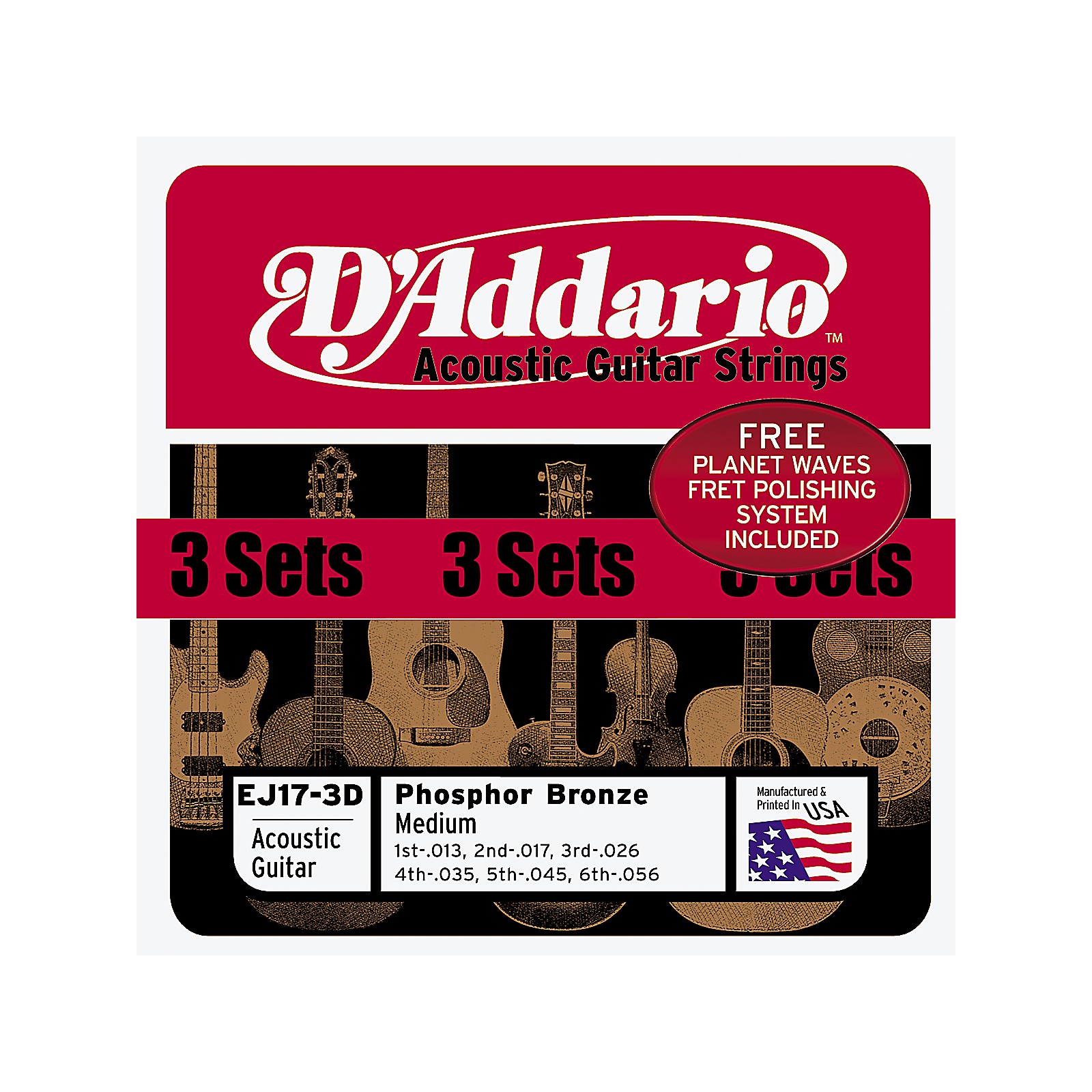 Daddario Ej17 Phosphor Bronze Light Acoustic Guitar Strings 3 Pack Wfret Polish Paper 0731