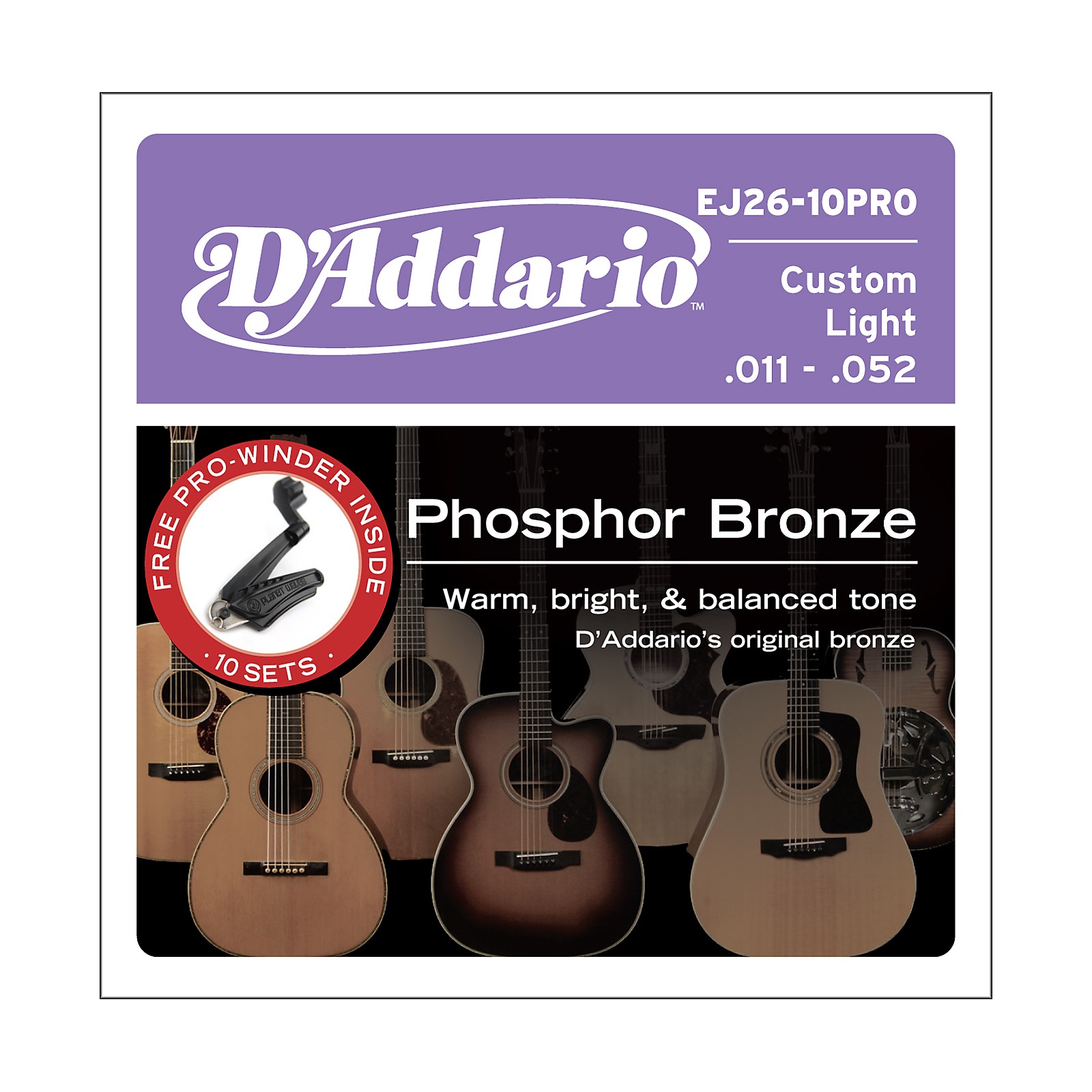 D'Addario EJ26 Acoustic Guitar Strings 10Pack with Free Prowinder