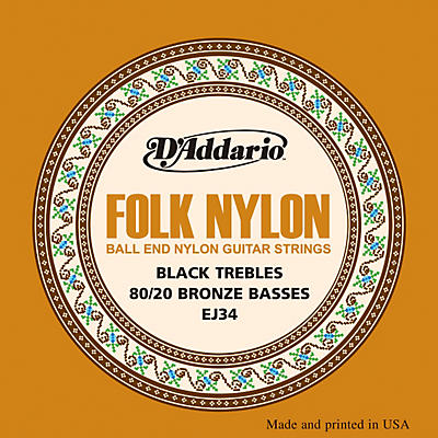 D'Addario EJ34 Folk Nylon 80/20 Bronze/Ball End Black Treble Guitar Strings