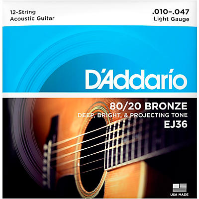 D'Addario EJ36 12-String 80/20 Bronze Acoustic Guitar Strings - Light (10/10-47/27)
