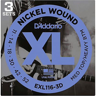 D'Addario EXL116-3D Nickel Wound Medium Top/Heavy Bottom Electric Guitar Strings 3-Pack